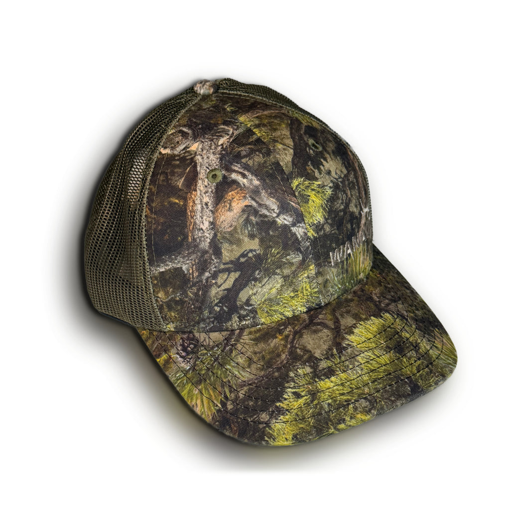 Wanayi Camouflage Half and Half Cap in proprietary camo pattern — American-made hunting apparel