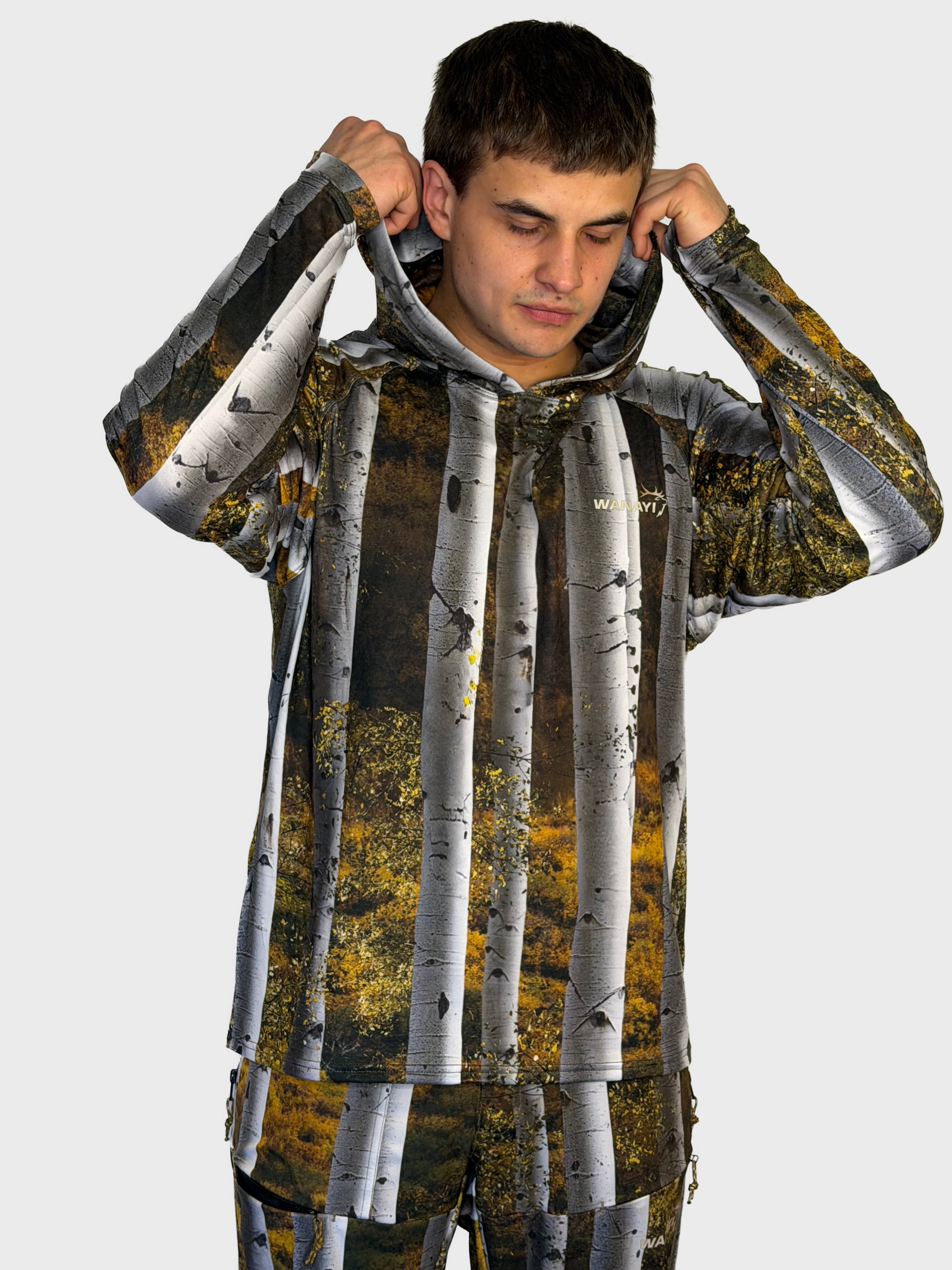 The Early Season Hoodie in Aspen camo — hood detail