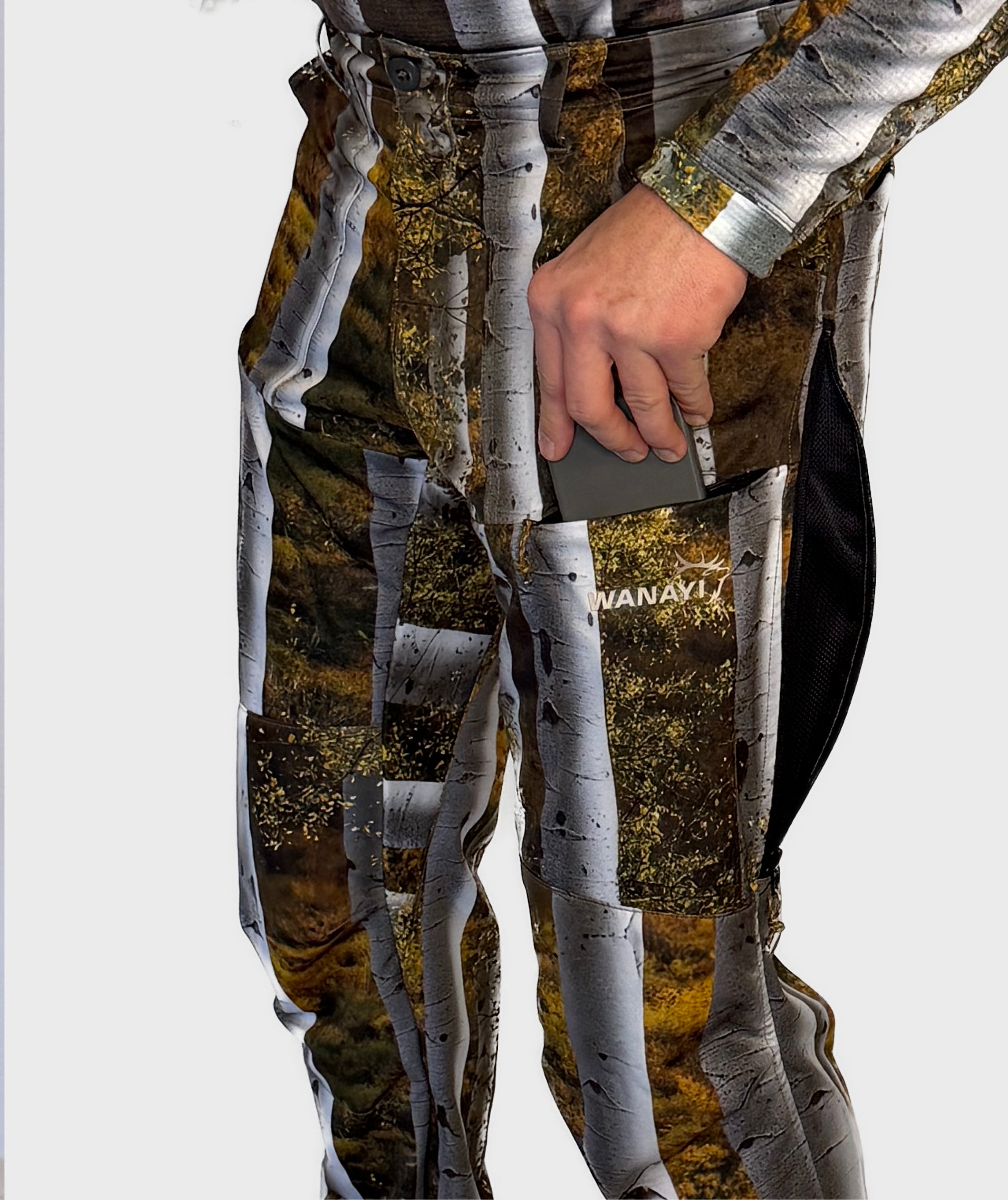 The Early Season Pants in Aspen camo — phone pocket detail
