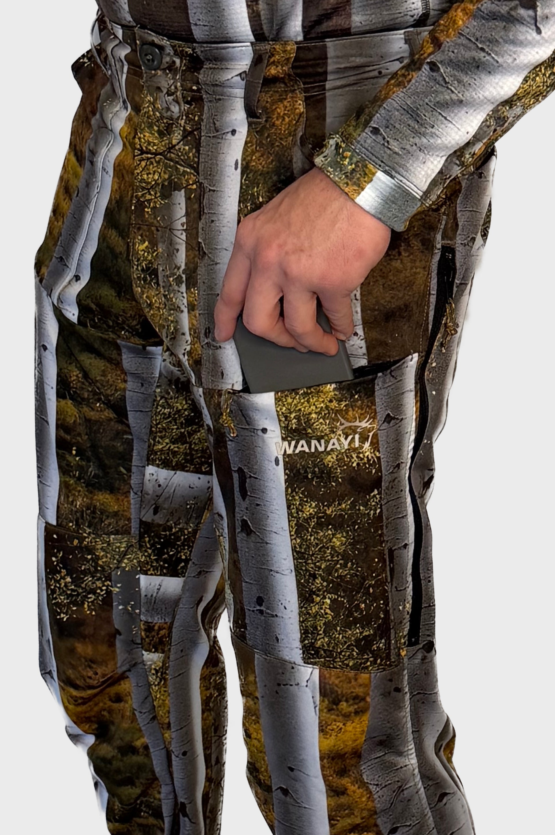 The Early Season Pants in Aspen camo — front pocket detail