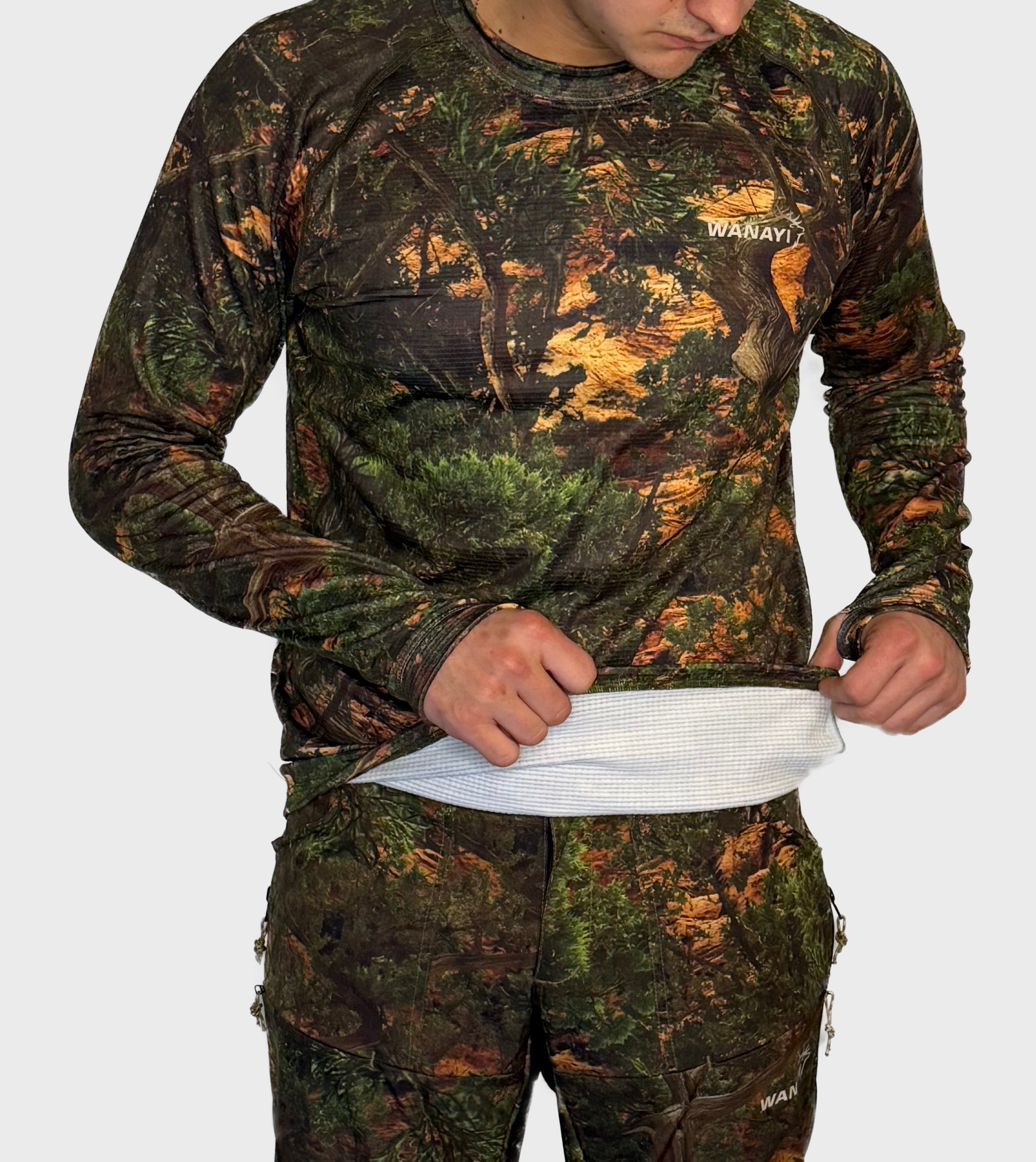 The Early Season Hoodie in Cedar camo — fabric detail