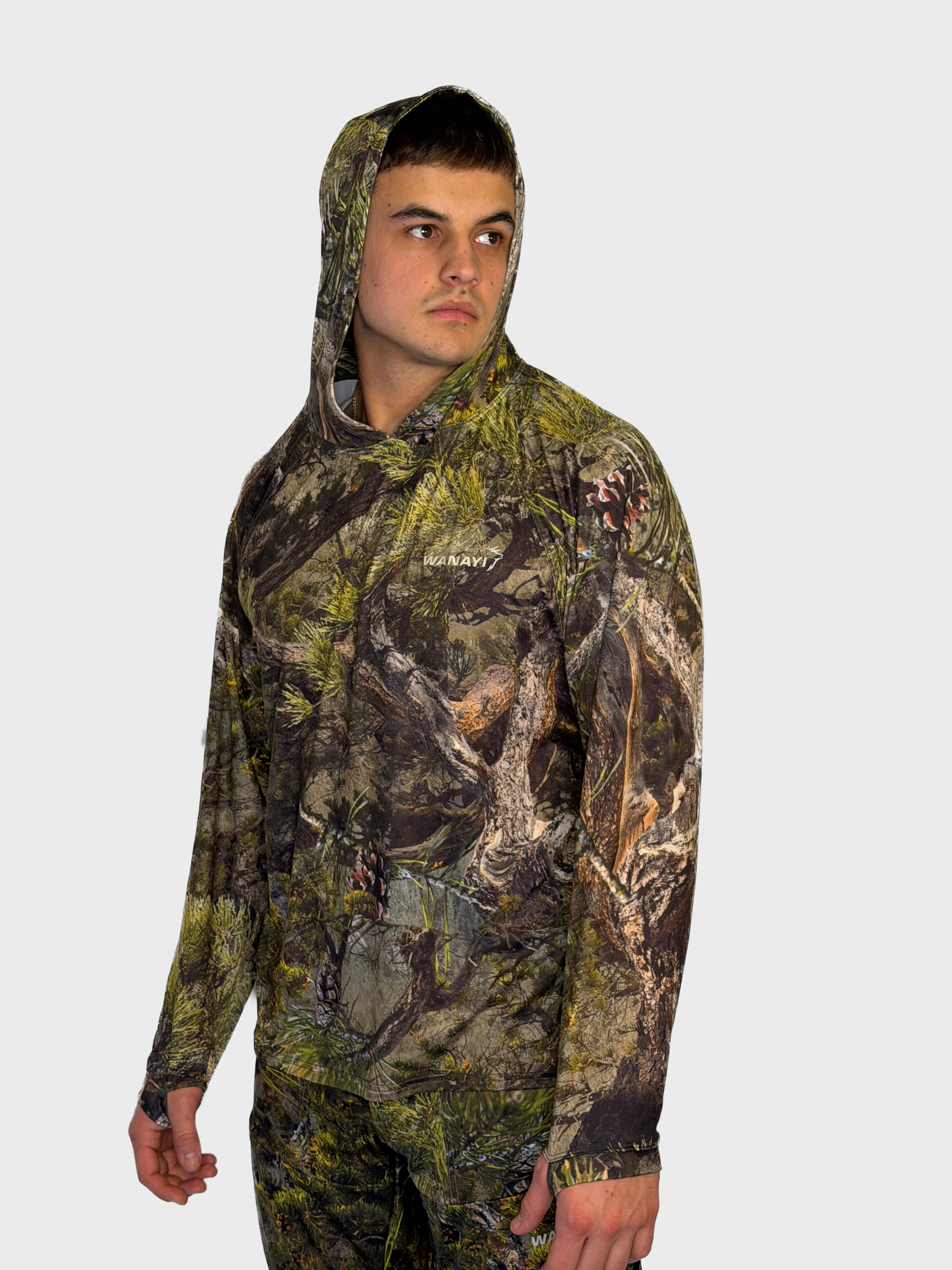 The Early Season Hoodie in Pine camo — hood detail