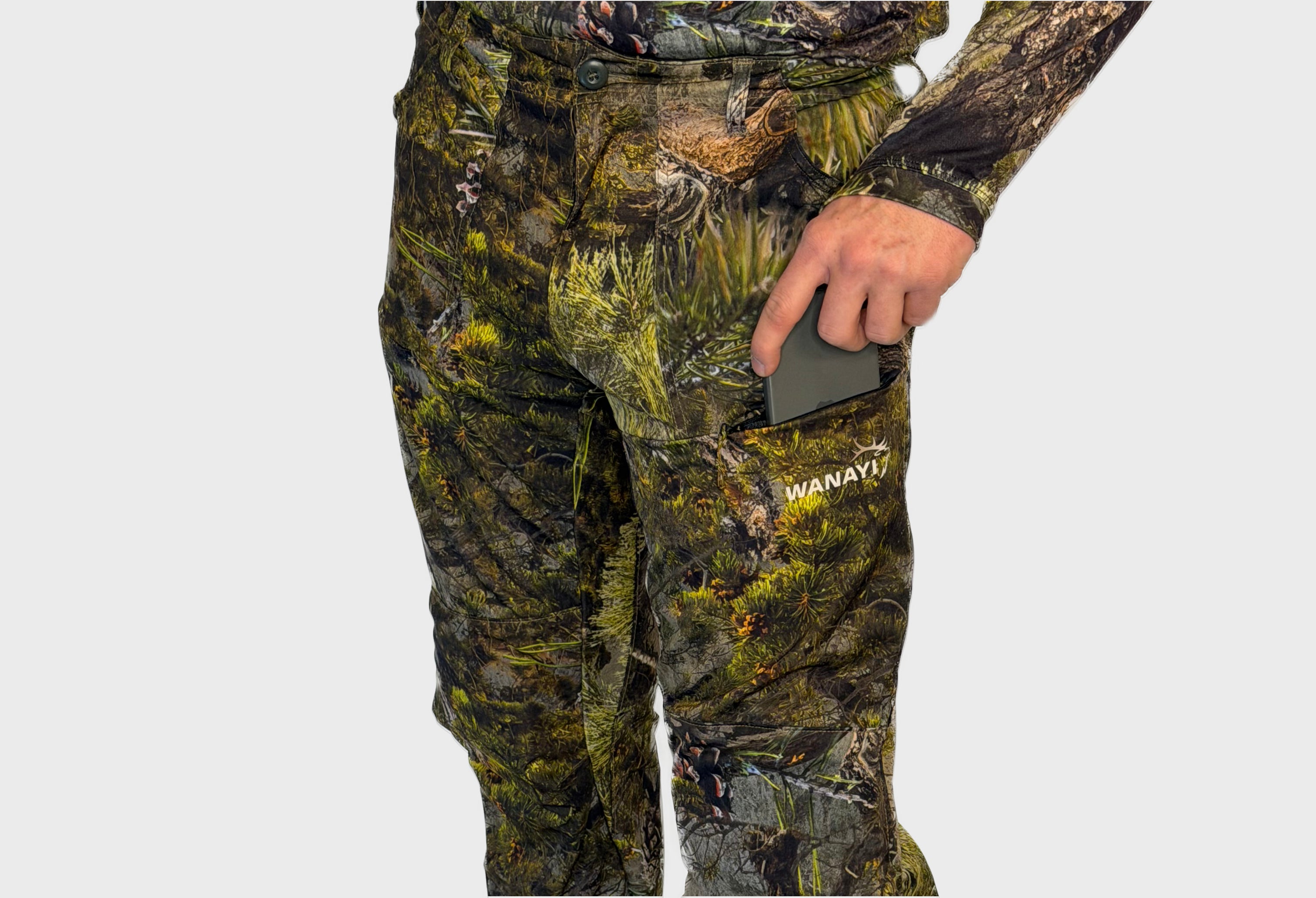 The Early Season Pants in Pine camo — phone pocket detail