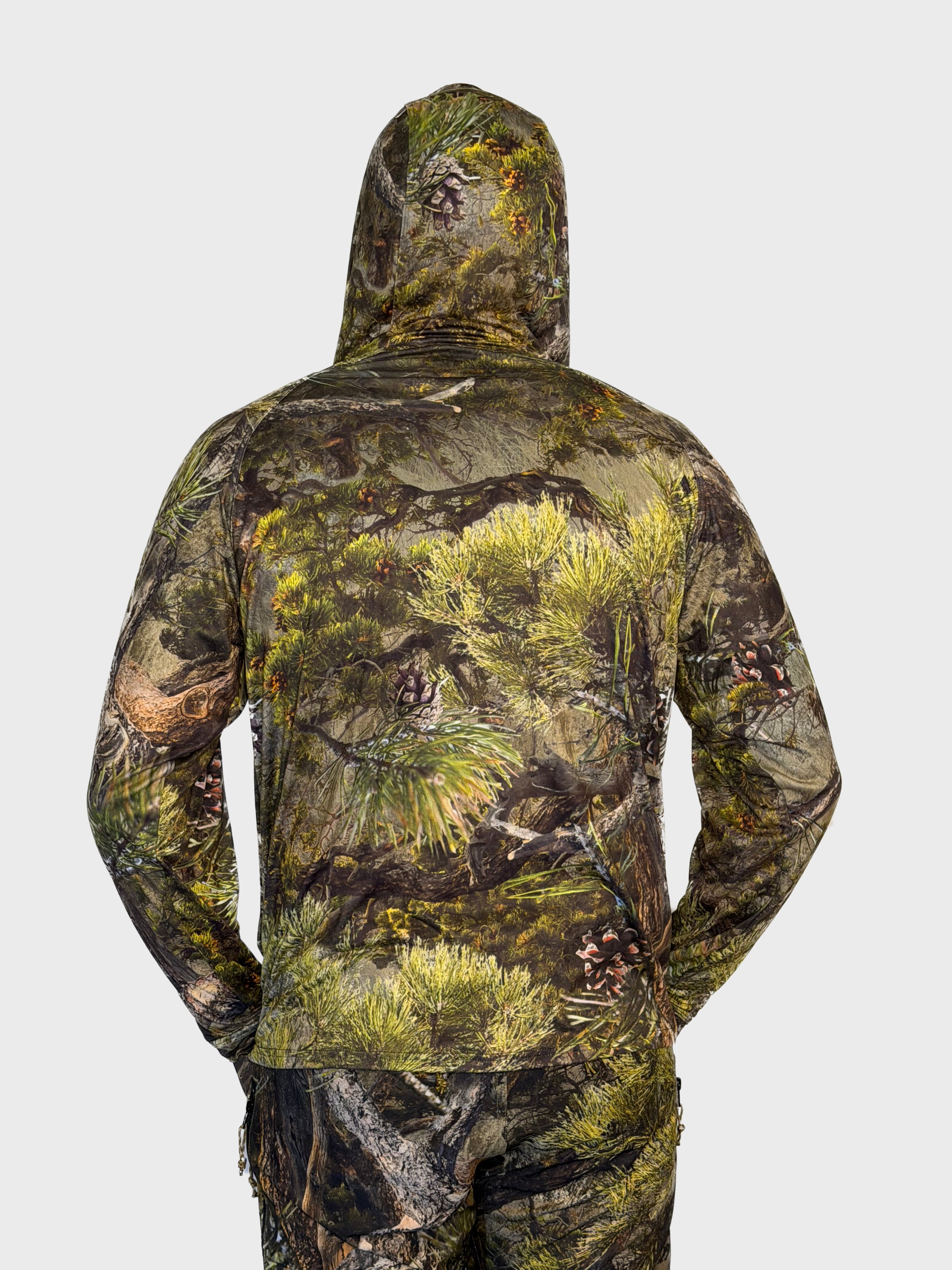 The Early Season Hoodie in Pinyon camo — back view