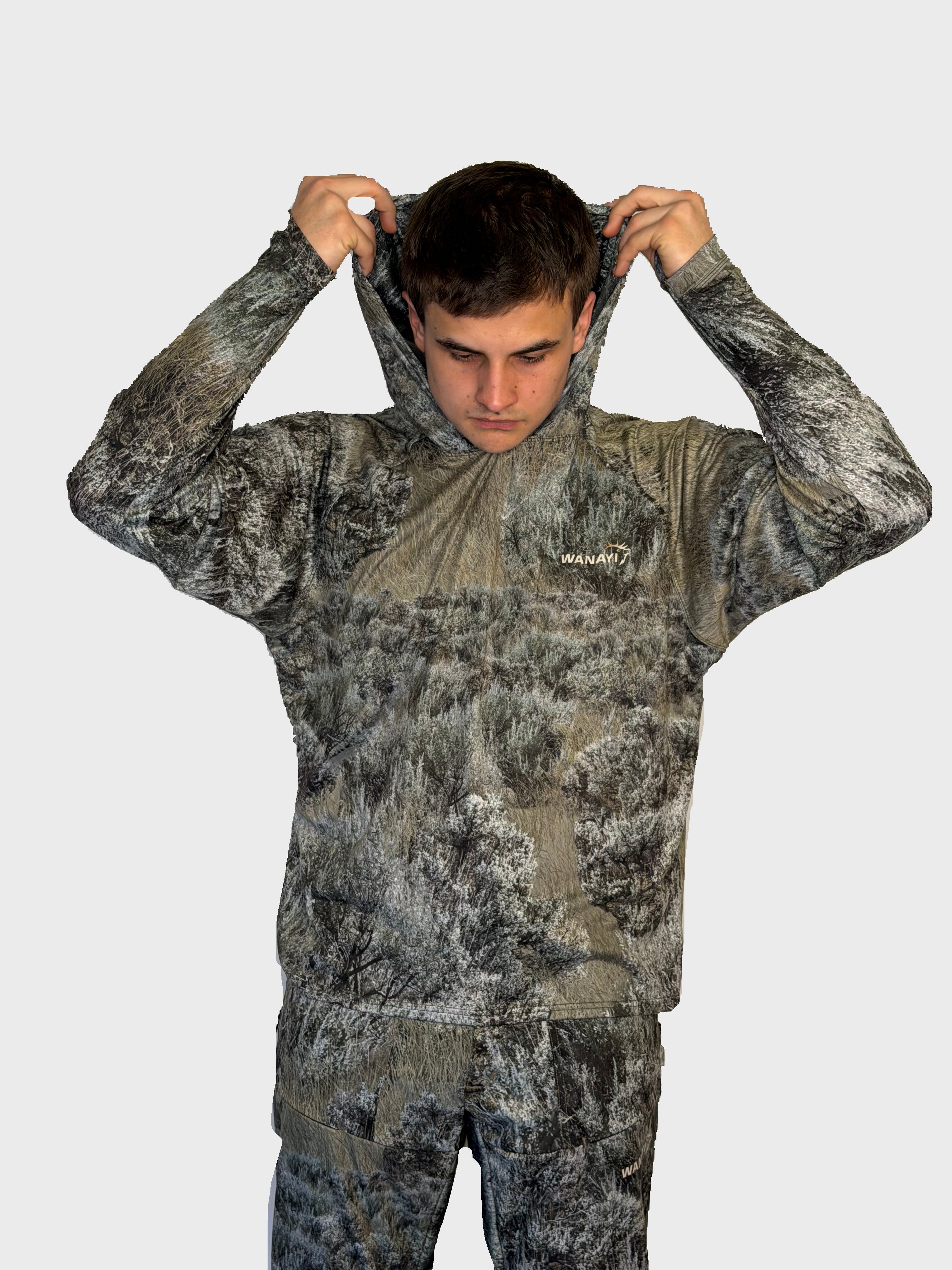 The Early Season Hoodie in Sage camo — hood detail
