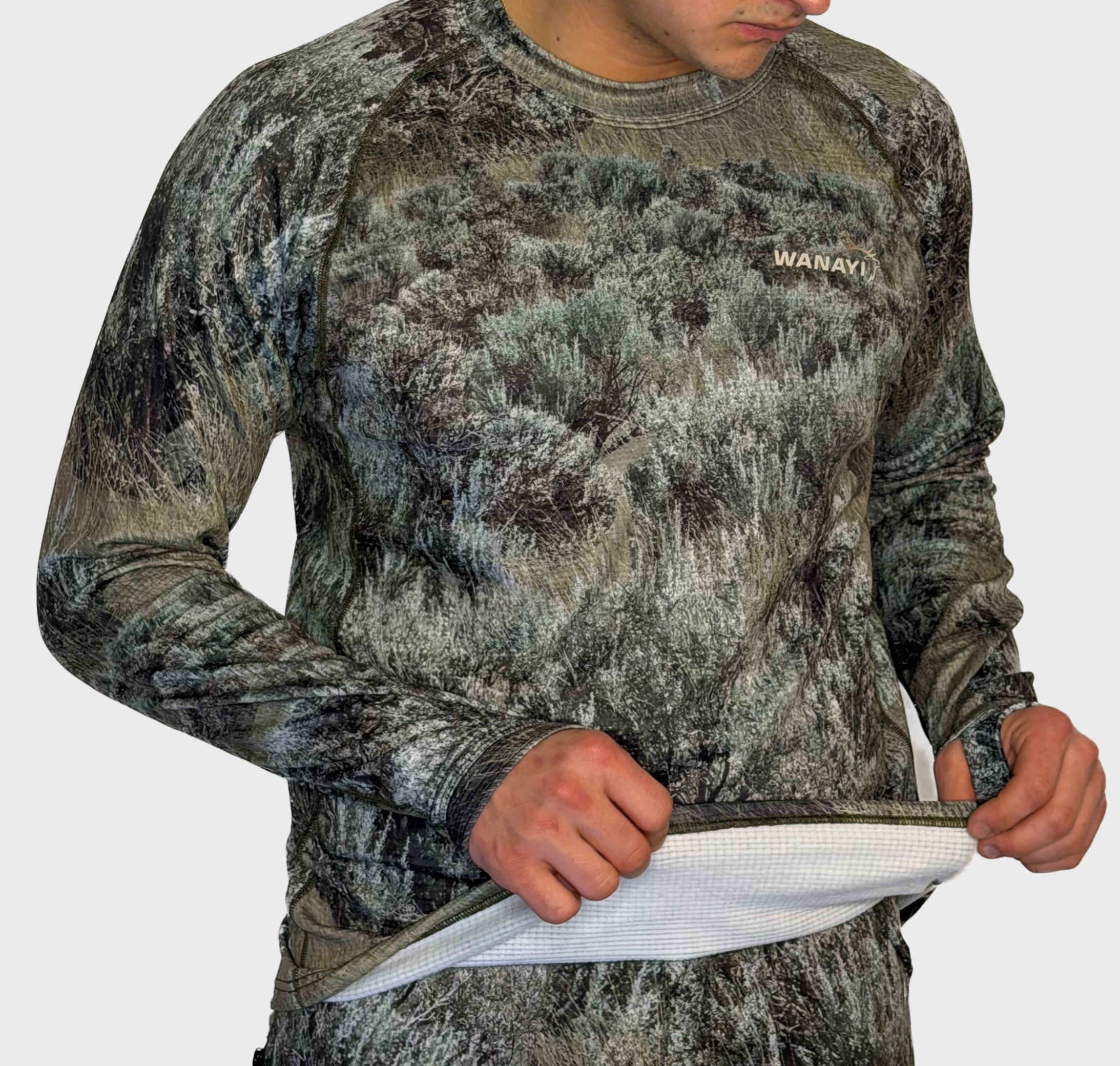 The Mid Season Long Sleeve in Sage camo — fabric detail