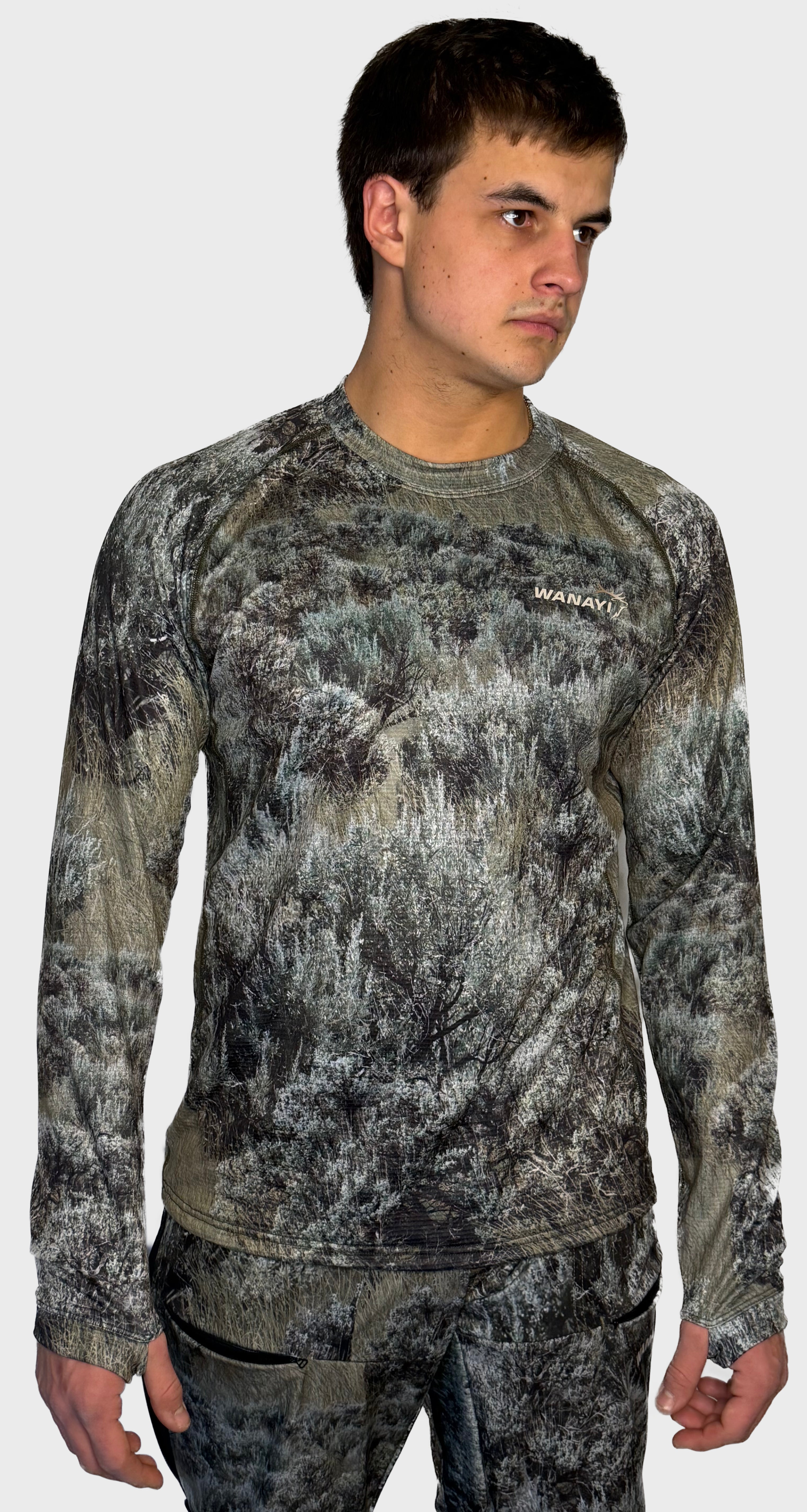 The Mid Season Long Sleeve in Sage camo — front view